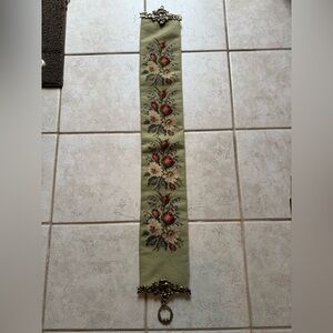 Antique Handmade Needlepoint Floral tapestry wall pull Sage Green with brass